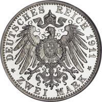 German States coin 2 Mark - Friedrich II (1911 - 1913) reverse reverse of 2 Mark - Friedrich II (1911 - 1913) coin with KM# 283 from German States. Inscription: DEUTSCHES REICH 1911 * ZWEI MARK *