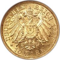 German States coin 10 Mark - Friedrich II (1909 - 1913) reverse reverse of 10 Mark - Friedrich II (1909 - 1913) coin with KM# 282 from German States. Inscription: DEUTSCHES REICH 1913 * 10 MARK *