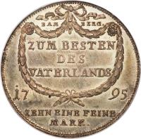 German States coin 1 Conventionsthaler - Franz Ludwig (1795) reverse reverse of 1 Conventionsthaler - Franz Ludwig (1795) coin with KM# 146 from German States. Inscription: BAM BERG. ZUM BESTEN DES VATERLANDS 17 95. ZEHN EINE FEINE MARK.