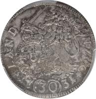 reverse of 30 Kreuzer - Karl Albrecht (1726 - 1732) coin with KM# 402 from German States. Inscription: LANZ MINZ · &