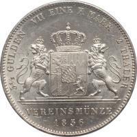 German States coin 2 Thaler / 3 1/2 Gulden - Maximilian II (1849 - 1856) reverse reverse of 2 Thaler / 3 1/2 Gulden - Maximilian II (1849 - 1856) coin with KM# 837 from German States. Inscription: 3½ GULDEN VII EINE F. MARK 2 THALER VEREINSMÜNZE 1856
