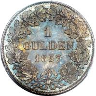 reverse of 1 Gulden - Maximilian II (1848 - 1864) coin with KM# 826 from German States. Inscription: 1 GULDEN 1857