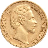 obverse of 10 Mark - Ludwig II (1872 - 1873) coin with KM# 892 from German States. Inscription: LUDWIG II KÖNIG V. BAYERN D