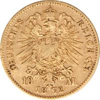 reverse of 10 Mark - Ludwig II (1872 - 1873) coin with KM# 892 from German States. Inscription: DEUTSCHES REICH 10 M. 18 72
