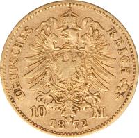 German States coin 10 Mark - Ludwig II (1872 - 1873) reverse reverse of 10 Mark - Ludwig II (1872 - 1873) coin with KM# 892 from German States. Inscription: DEUTSCHES REICH 10 M. 18 72