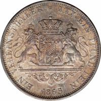 reverse of 1 Vereinsthaler - Ludwig II (1864 - 1866) coin with KM# 869 from German States. Inscription: EIN VEREINSTHALER XXX EIN PFUND FEIN 1865