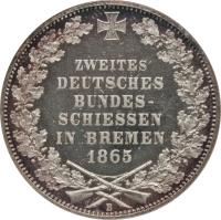 German States coin 1 Thaler - 2nd German Shooting Festival (1865) reverse reverse of 1 Thaler - 2nd German Shooting Festival (1865) coin with KM# 248 from German States. Inscription: ZWEITES DEUTSCHES BUNDES- SCHIESSEN IN BREMEN 1865 B