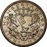 German States coin 5 Mark (1906) obverse obverse of 5 Mark (1906) coin with KM# 251 from German States. Inscription: FREIE · HANSESTADT · BREMEN · J ·