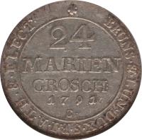 German States coin 24 Mariengroschen - George III (1761 - 1800) reverse reverse of 24 Mariengroschen - George III (1761 - 1800) coin with KM# 341 from German States. Inscription: 24 MARIENGROSCHEN 1776 I.W.S. BRUNS.&.LUN.DUX.S.R.I.A.TH.&.ELECT.
