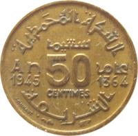 reverse of 50 Centimes - Mohammed V (1945) coin with Y# 40 from Morocco. Inscription: 50 CENTIMES AN 1945 1364