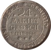 reverse of 24 Mariengroschen - Rudolph August (1685 - 1704) coin with KM# 559 from German States. Inscription: 24 MARIENGROSCHEN V.FEIN.SILB. REMIGIO ALTISSIMI UNI.1700.