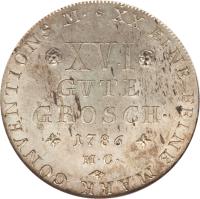 reverse of 16 Gute Groschen - Karl Wilhelm Ferdinand (1784 - 1805) coin with KM# 1020 from German States. Inscription: XVI GUTE GROSCH.1786 M.C. XX EINE FEINE MARK CONVENTIONS M