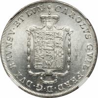 obverse of 1 Thaler - Karl Wilhelm Ferdinand (1787 - 1796) coin with KM# 1030 from German States. Inscription: CAROLUS GVIL.FERD.D.G.DVX BRVNSV.ET.LVN.