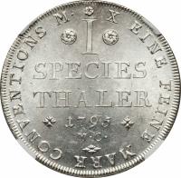 reverse of 1 Thaler - Karl Wilhelm Ferdinand (1787 - 1796) coin with KM# 1030 from German States. Inscription: I SPECIES THALER 1795 MC