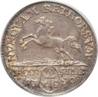 reverse of 2 Mariengroschen - Karl I (1735 - 1780) coin with KM# 859 from German States. Inscription: NUNOVAM RETRORSUM FEIN SILB: 2 MG 1745