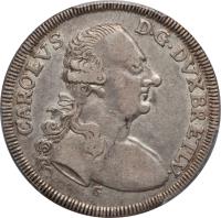 obverse of 2/3 Thaler - Karl I (1764 - 1779) coin with KM# 973 from German States. Inscription: CAROLVS D · G · DVXBR · ETLV · G