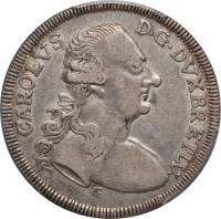 German States coin 2/3 Thaler - Karl I (1764 - 1779) obverse obverse of 2/3 Thaler - Karl I (1764 - 1779) coin with KM# 973 from German States. Inscription: CAROLVS D · G · DVXBR · ETLV · G