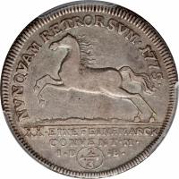 reverse of 2/3 Thaler - Karl I (1764 - 1779) coin with KM# 973 from German States. Inscription: NVNQVAM RETRORSVM · 1775 · XX · EINE FEINE MARCK CONVENT · M · I.D(2/3) · B ·