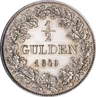 German States coin 1/2 Gulden (1842 - 1849) reverse reverse of 1/2 Gulden (1842 - 1849) coin with KM# 330 from German States. Inscription: 1/2 GULDEN 1849