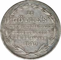 German States coin 2 Gulden - Goethe Centennial (1849) reverse reverse of 2 Gulden - Goethe Centennial (1849) coin with KM# 343 from German States. Inscription: ZU GOTH'S HUNDERTJAHRIGER GEBURTSFEIER AM 28 AUGUST 1849