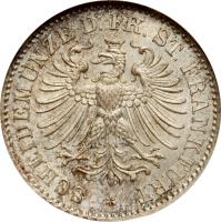 German States coin 6 Kreuzer (1866) obverse obverse of 6 Kreuzer (1866) coin with KM# 374 from German States. Inscription: SCHEIDEMÜNZE D. FR. ST. FRANKFURT