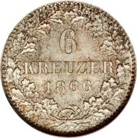 German States coin 6 Kreuzer (1866) reverse reverse of 6 Kreuzer (1866) coin with KM# 374 from German States. Inscription: 6 KREUZER 1866
