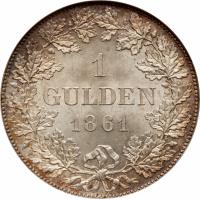 German States coin 1 Gulden (1859 - 1861) reverse reverse of 1 Gulden (1859 - 1861) coin with KM# 358 from German States. Inscription: 1 GULDEN 1861