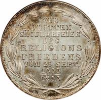 German States coin 2 Gulden - Religious Peace (1855) reverse reverse of 2 Gulden - Religious Peace (1855) coin with KM# 353 from German States. Inscription: ZUR DRITTEN SACULARFEIER DES RELIGIONS FRIEDENS VOM 25 SEPT. 1555 1855