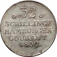 German States coin 32 Schillinge Courant (1809) reverse reverse of 32 Schillinge Courant (1809) coin with KM# 537 from German States. Inscription: 32 SCHILLINGE HAMBURGER COURANT 1809.