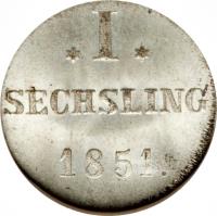 German States coin 1 Sechsling (1851) reverse reverse of 1 Sechsling (1851) coin with KM# 572 from German States. Inscription: * I * SECHSLING 1851.