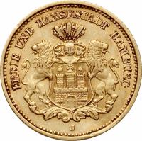 German States coin 5 Mark (1877) obverse obverse of 5 Mark (1877) coin with KM# 605 from German States. Inscription: FREIE UND HANSESTADT HAMBURG J