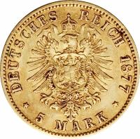 German States coin 5 Mark (1877) reverse reverse of 5 Mark (1877) coin with KM# 605 from German States. Inscription: DEUTSCHES REICH 1877 5 MARK