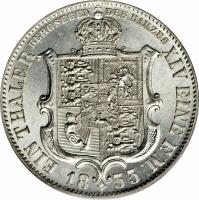 German States coin 1 Reichsthaler - Georg V (1852 - 1856) reverse reverse of 1 Reichsthaler - Georg V (1852 - 1856) coin with KM# 220 from German States. Inscription: EIN THALER BERGSEGEN DES HARZES XIV EINE F.M.