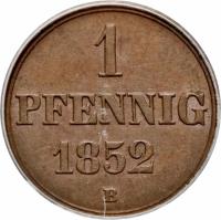 reverse of 1 Pfennig - Georg V (1852) coin with KM# 216 from German States. Inscription: 1 PFENNIG 1852 B