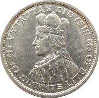 reverse of 10 Litų - Grand Duke of Lithuania Vytautas (1936) coin with KM# 83 from Lithuania. Inscription: VYTAUTAS DIDYSIS 10 DEŠIMTS LITŲ 10