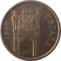 obverse of 5 Pesetas - Juan Carlos I - Murcia (1999) coin with KM# 1008 from Spain. Inscription: ESPAÑA 1999