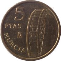 Spain coin 5 Pesetas - Juan Carlos I - Murcia (1999) reverse reverse of 5 Pesetas - Juan Carlos I - Murcia (1999) coin with KM# 1008 from Spain. Inscription: 5 PTAS M MURCIA