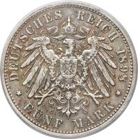 German States coin 5 Mark - Ernst Ludwig (1895 - 1900) reverse reverse of 5 Mark - Ernst Ludwig (1895 - 1900) coin with KM# 369 from German States. Inscription: DEUTSCHES REICH 1898 FÜNF MARK