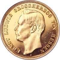 German States coin 20 Mark - Ernst Ludwig (1905 - 1911) obverse obverse of 20 Mark - Ernst Ludwig (1905 - 1911) coin with KM# 374 from German States. Inscription: ERNST LUDWIG GROSSHERZOG VON HESSEN A