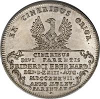 German States coin 1 Thaler - Karl August - Death of Friedrich Eberhard (1737) reverse reverse of 1 Thaler - Karl August - Death of Friedrich Eberhard (1737) coin with KM# 5 from German States. Inscription: EX CINERIBUS ORIOR. CINERIBUS DIVI PARENTIS FRIDERICI EBERHARDI DEF · D · XXIII · AUG · MDCCXXXVII. ANNO · TLXV · PARENTAT · N ·