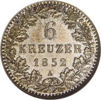 German States coin 6 Kreuzer - Friedrich Wilhelm IV (1852) reverse reverse of 6 Kreuzer - Friedrich Wilhelm IV (1852) coin with KM# 3 from German States. Inscription: 6 KREUTZER 1852 A