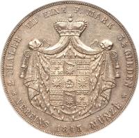 German States coin 2 Thaler / 3 1/2 Gulden - Paul Alexander Leopold II (1843) reverse reverse of 2 Thaler / 3 1/2 Gulden - Paul Alexander Leopold II (1843) coin with KM# 250 from German States. Inscription: 2 THALER VII EINE F. MARK 3½ GULDEN VEREINS 1843 MÜNZE