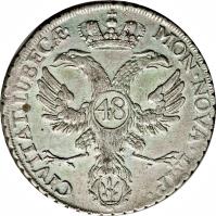 German States coin 48 Schilling - Friedrich August (1752) obverse obverse of 48 Schilling - Friedrich August (1752) coin with KM# 168 from German States. Inscription: CIVITAT .LUBECAE.MON.NOVA.IMP.