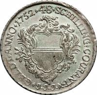 German States coin 48 Schilling - Friedrich August (1752) reverse reverse of 48 Schilling - Friedrich August (1752) coin with KM# 168 from German States. Inscription: GELDT ANNO 1752.48 SCHILLING COURANT JJ J