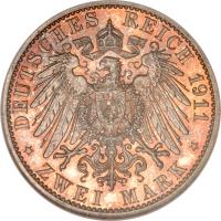 German States coin 2 Mark (1904 - 1912) reverse reverse of 2 Mark (1904 - 1912) coin with KM# 212 from German States. Inscription: DEUTSCHES REICH 1911 * ZWEI MARK *