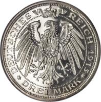 German States coin 3 Mark - Friedrich Franz IV - Grand Duchy (1915) reverse reverse of 3 Mark - Friedrich Franz IV - Grand Duchy (1915) coin with KM# 340 from German States. Inscription: DEUTSCHES REICH 1915 DREI MARK