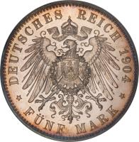 German States coin 5 Mark - Friedrich Franz IV - Wedding (1904) reverse reverse of 5 Mark - Friedrich Franz IV - Wedding (1904) coin with KM# 334 from German States. Inscription: DEUTSCHES REICH 1904 FÜNF MARK