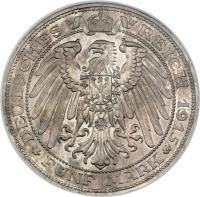 German States coin 5 Mark - Friedrich Franz IV - Grand Duchy (1915) reverse reverse of 5 Mark - Friedrich Franz IV - Grand Duchy (1915) coin with KM# 341 from German States. Inscription: DEUTSCHES REICH 1915 FÜNF MARK