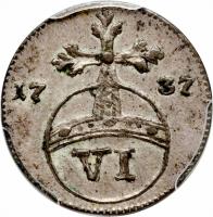 German States coin 6 Pfenninge (1737 - 1767) reverse reverse of 6 Pfenninge (1737 - 1767) coin with KM# 57 from German States. Inscription: 17 67 VI