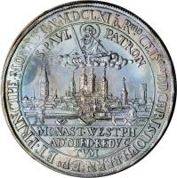 German States coin 1 Thaler (1661) reverse reverse of 1 Thaler (1661) coin with KM# 75 from German States. Inscription: MDCLXI àRmo;CELsmo.DD.CHRISTOPH.BERN.EPo.ET.PRINCIPE.MONAST.Ao. ST PAUL PATRON MONAST.WESTPH.AD.OBED.REDUC.TUM